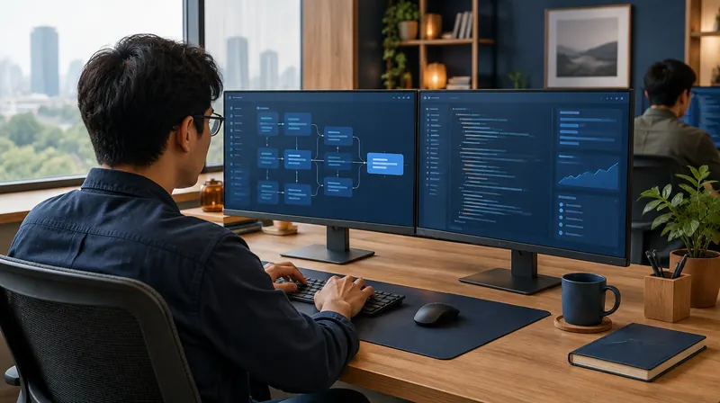 Ilustrasi AI: Pengembang meninjau alur sistem pada monitor di ruang kerja