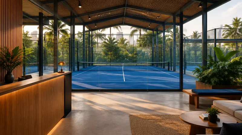 Ilustrasi AI: Lapangan padel beratap dengan area penerimaan yang nyaman